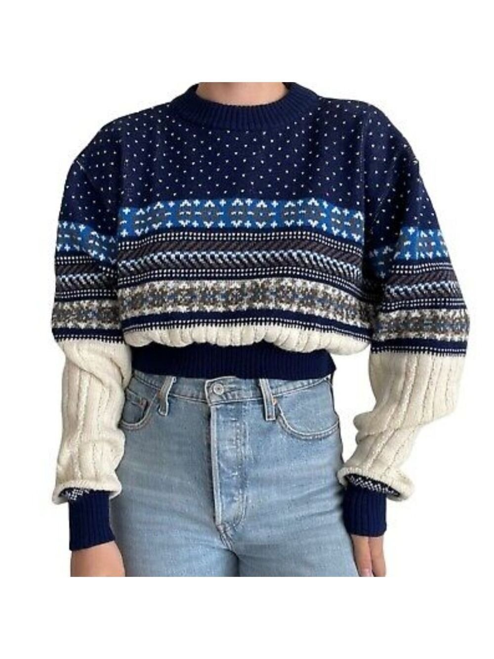 Vintage 90s Womens Rob Winter Brown Fair Isle Winter Nordic Cropped Sweater